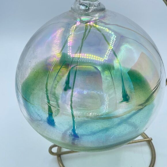 Art Glass Hand Blown Sphere Witch's Ball Iridescent Green w/ Display Stand - Picture 3 of 9